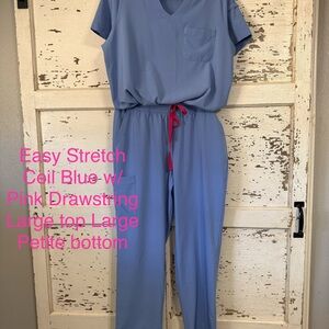 Easy Stretch Women's Scrub Set in Blue with Pink Drawstring